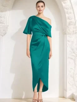 Mother Dress One-Shoulder Half Sleeves Pleated Sheath Guest Dresses For Wedding