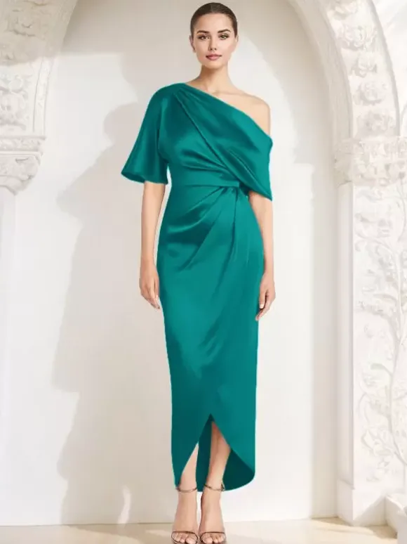 Mother Dress One-Shoulder Half Sleeves Pleated Sheath Guest Dresses For Wedding