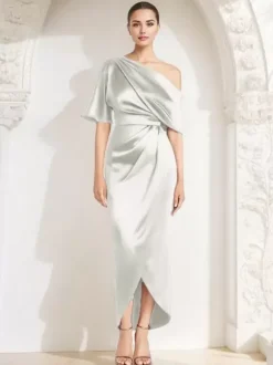 Mother Dress One-Shoulder Half Sleeves Pleated Sheath Guest Dresses For Wedding