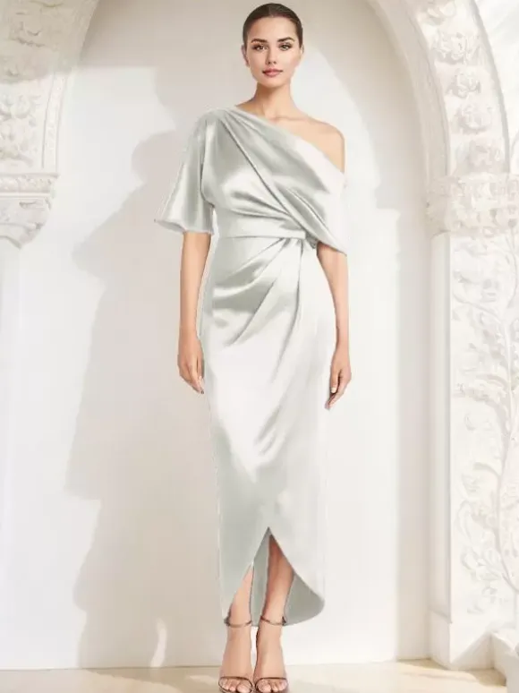 Mother Dress One-Shoulder Half Sleeves Pleated Sheath Guest Dresses For Wedding