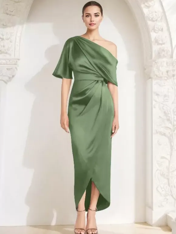 Mother Dress One-Shoulder Half Sleeves Pleated Sheath Guest Dresses For Wedding
