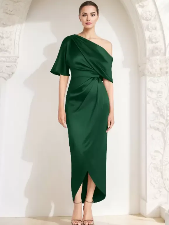 Mother Dress One-Shoulder Half Sleeves Pleated Sheath Guest Dresses For Wedding