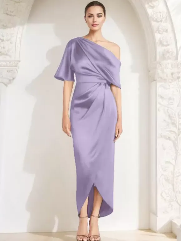Mother Dress One-Shoulder Half Sleeves Pleated Sheath Guest Dresses For Wedding