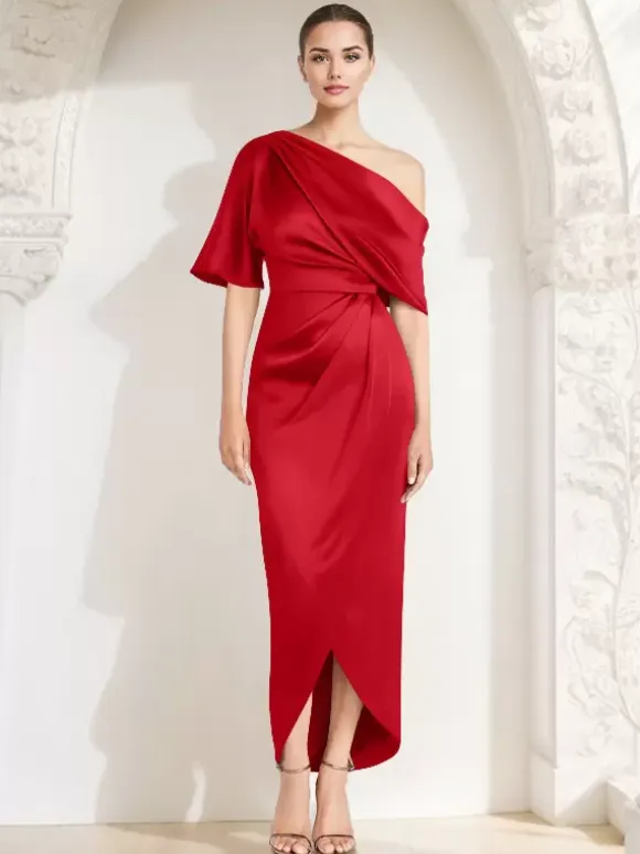 Mother Dress One-Shoulder Half Sleeves Pleated Sheath Guest Dresses For Wedding