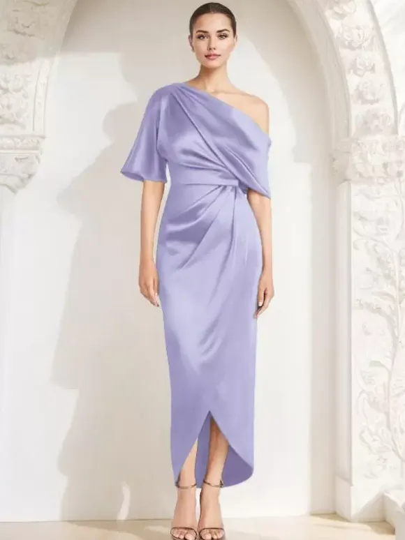 Mother Dress One-Shoulder Half Sleeves Pleated Sheath Guest Dresses For Wedding