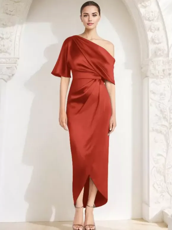 Mother Dress One-Shoulder Half Sleeves Pleated Sheath Guest Dresses For Wedding