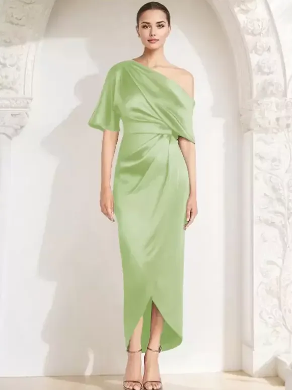 Mother Dress One-Shoulder Half Sleeves Pleated Sheath Guest Dresses For Wedding