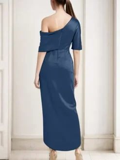 Mother Dress One-Shoulder Half Sleeves Pleated Sheath Guest Dresses For Wedding