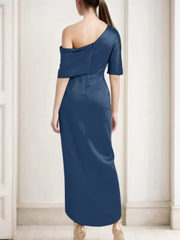 Mother Dress One-Shoulder Half Sleeves Pleated Sheath Guest Dresses For Wedding
