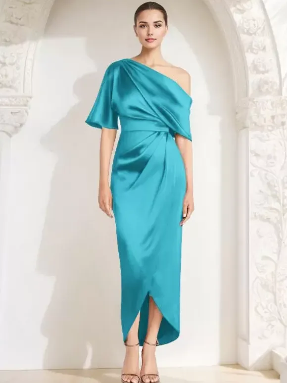 Mother Dress One-Shoulder Half Sleeves Pleated Sheath Guest Dresses For Wedding