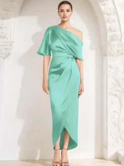 Mother Dress One-Shoulder Half Sleeves Pleated Sheath Guest Dresses For Wedding