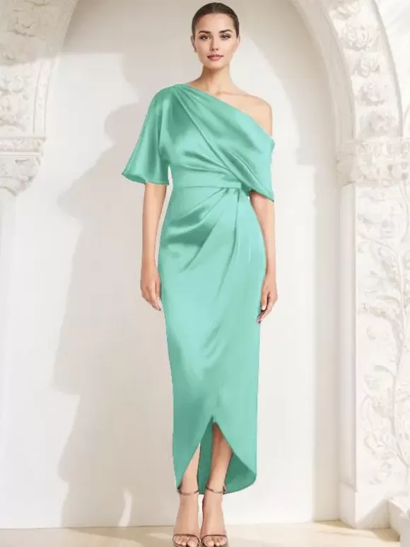 Mother Dress One-Shoulder Half Sleeves Pleated Sheath Guest Dresses For Wedding