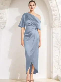 Mother Dress One-Shoulder Half Sleeves Pleated Sheath Guest Dresses For Wedding