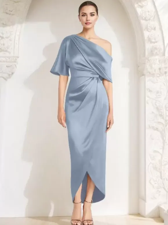Mother Dress One-Shoulder Half Sleeves Pleated Sheath Guest Dresses For Wedding
