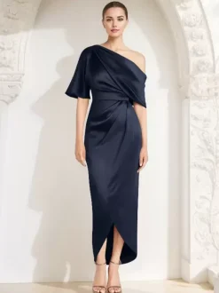 Mother Dress One-Shoulder Half Sleeves Pleated Sheath Guest Dresses For Wedding