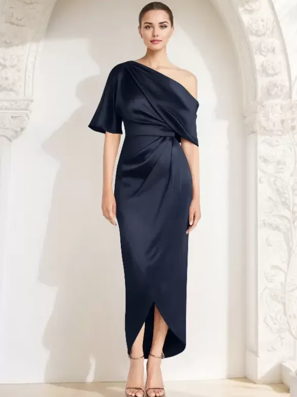 Mother Dress One-Shoulder Half Sleeves Pleated Sheath Guest Dresses For Wedding