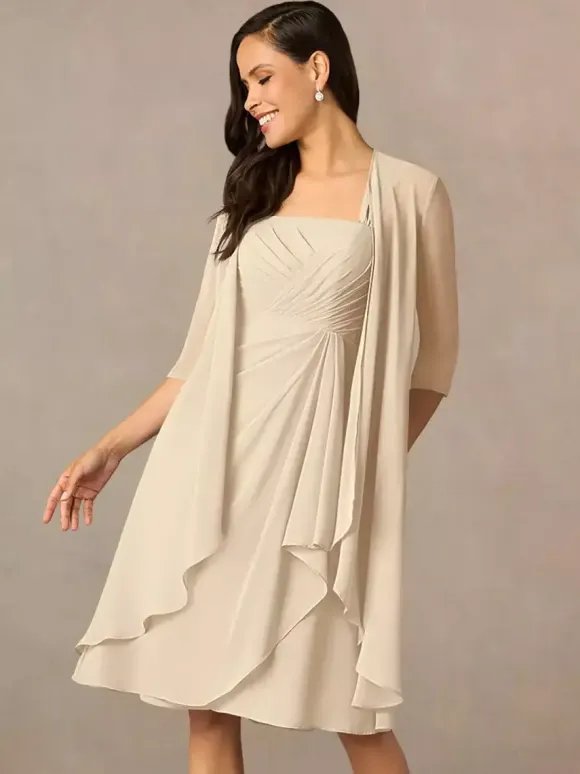 Mother Dress Square Neck Half Sleeves Two-piece Pleated Guest Dresses For Wedding