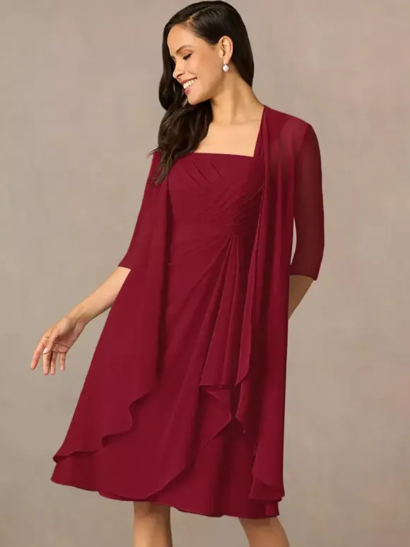 Mother Dress Square Neck Half Sleeves Two-piece Pleated Guest Dresses For Wedding
