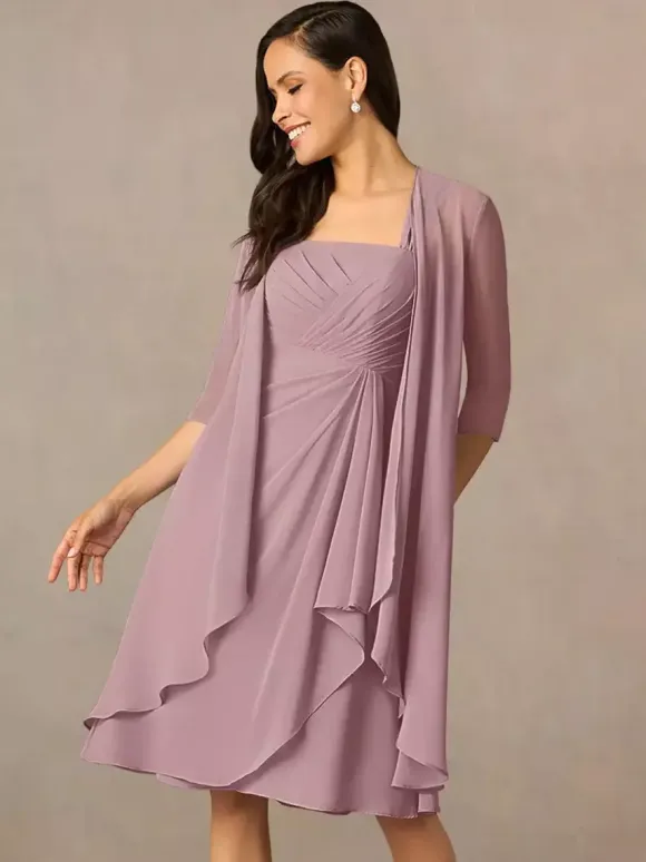 Mother Dress Square Neck Half Sleeves Two-piece Pleated Guest Dresses For Wedding