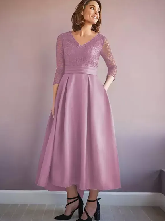 Mother Dress V-Neck Half Sleeves A-Line Beaded Wedding Guest Dresses