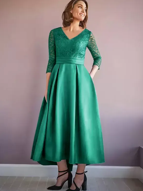 Mother Dress V-Neck Half Sleeves A-Line Beaded Wedding Guest Dresses