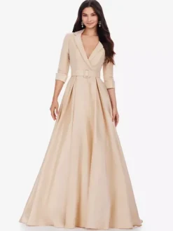 Mother Dress V-Neck 3/4 Length Sleeves A-Line Sash With Train Wedding Guest Dresses