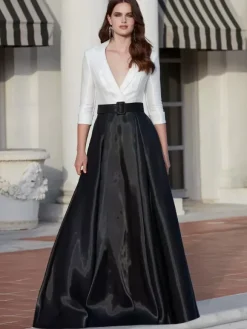 Mother Dress V-Neck 3/4 Length Sleeves A-Line Sash With Train Wedding Guest Dresses