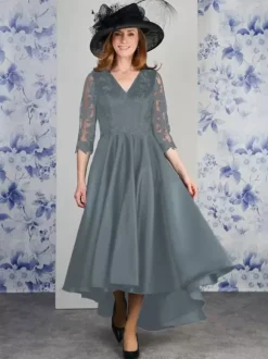 Mother Dress V-Neck 3/4 Length Sleeves A-Line Lace Tea-Length Wedding Guest Dresses
