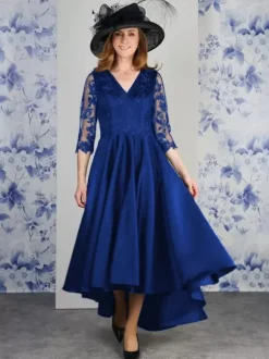 Mother Dress V-Neck 3/4 Length Sleeves A-Line Lace Tea-Length Wedding Guest Dresses
