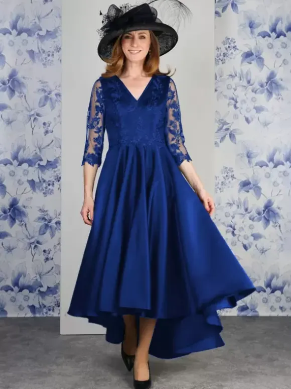Mother Dress V-Neck 3/4 Length Sleeves A-Line Lace Tea-Length Wedding Guest Dresses