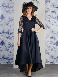Mother Dress V-Neck 3/4 Length Sleeves A-Line Lace Tea-Length Wedding Guest Dresses