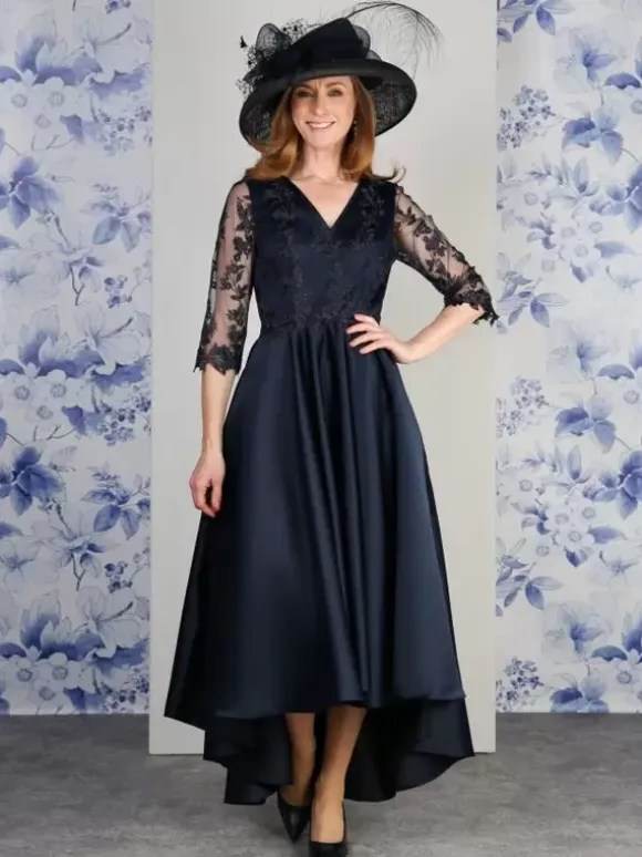 Mother Dress V-Neck 3/4 Length Sleeves A-Line Lace Tea-Length Wedding Guest Dresses