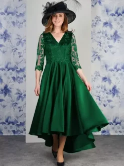 Mother Dress V-Neck 3/4 Length Sleeves A-Line Lace Tea-Length Wedding Guest Dresses