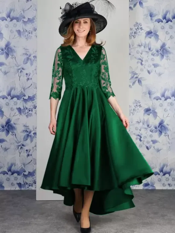 Mother Dress V-Neck 3/4 Length Sleeves A-Line Lace Tea-Length Wedding Guest Dresses