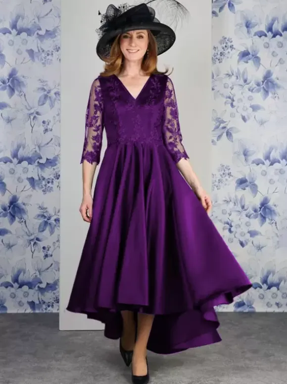 Mother Dress V-Neck 3/4 Length Sleeves A-Line Lace Tea-Length Wedding Guest Dresses