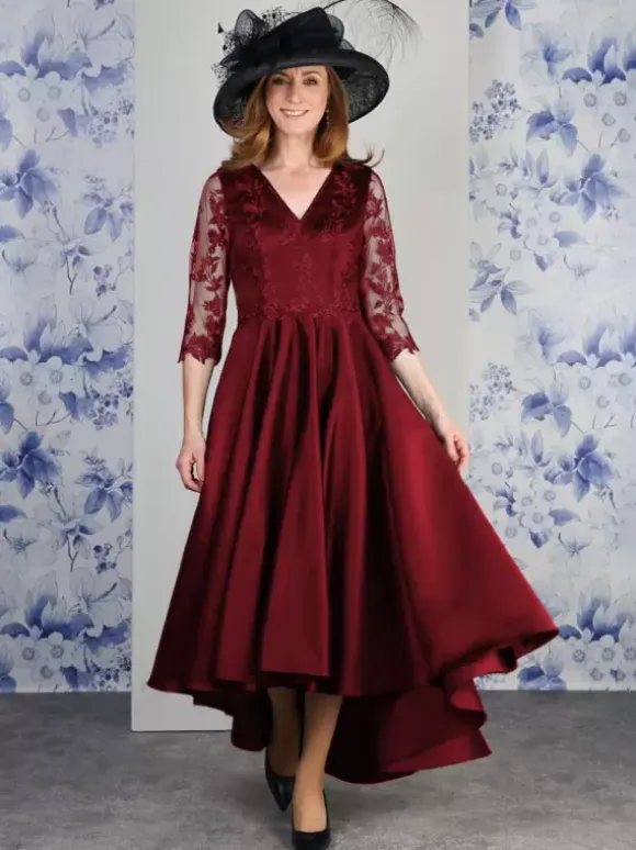 Mother Dress V-Neck 3/4 Length Sleeves A-Line Lace Tea-Length Wedding Guest Dresses