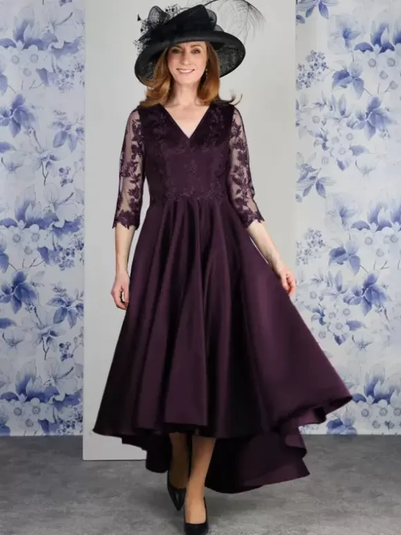 Mother Dress V-Neck 3/4 Length Sleeves A-Line Lace Tea-Length Wedding Guest Dresses