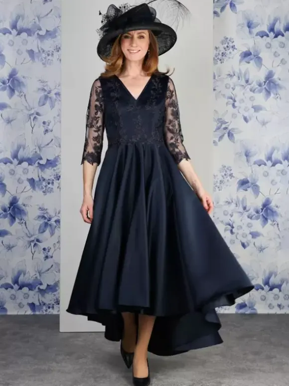 Mother Dress V-Neck 3/4 Length Sleeves A-Line Lace Tea-Length Wedding Guest Dresses