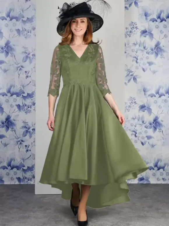 Mother Dress V-Neck 3/4 Length Sleeves A-Line Lace Tea-Length Wedding Guest Dresses