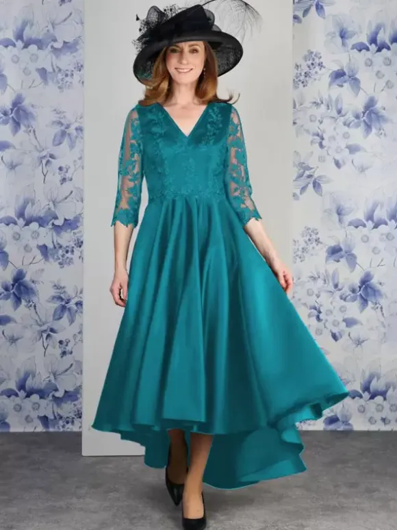 Mother Dress V-Neck 3/4 Length Sleeves A-Line Lace Tea-Length Wedding Guest Dresses