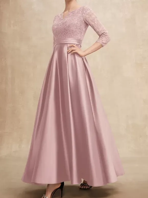 Mother Dress V-Neck 3/4 Length Sleeves A-Line Lace Guest Dresses For Wedding