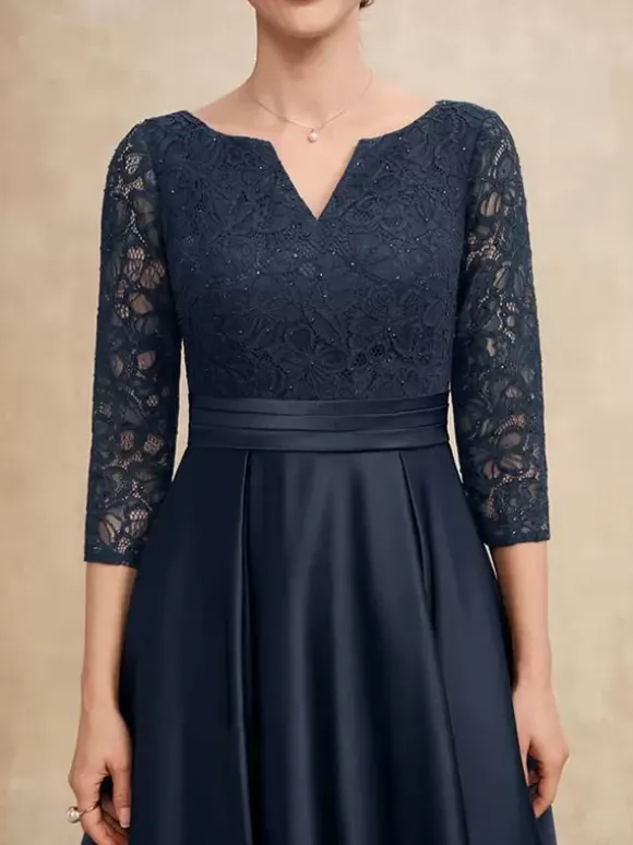 Mother Dress V-Neck 3/4 Length Sleeves A-Line Lace Guest Dresses For Wedding