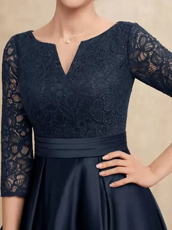 Mother Dress V-Neck 3/4 Length Sleeves A-Line Lace Guest Dresses For Wedding