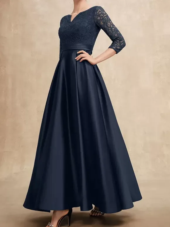 Mother Dress V-Neck 3/4 Length Sleeves A-Line Lace Guest Dresses For Wedding