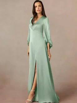 Mother Dress V-Neck 3/4 Length Sleeves A-Line Pleated Floor-Length Wedding Guest Dresses