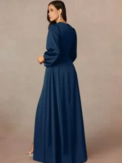 Mother Dress V-Neck 3/4 Length Sleeves A-Line Pleated Floor-Length Wedding Guest Dresses