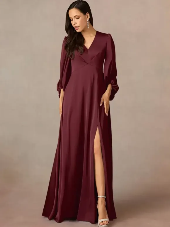 Mother Dress V-Neck 3/4 Length Sleeves A-Line Pleated Floor-Length Wedding Guest Dresses