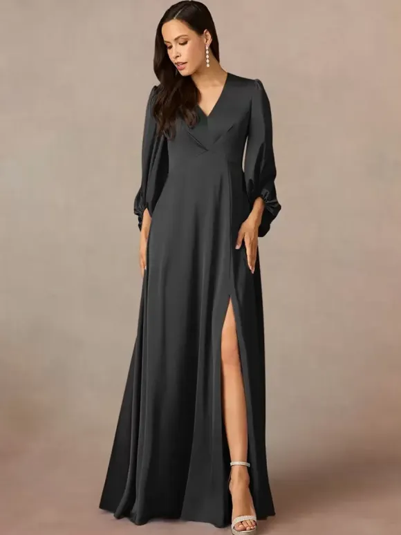 Mother Dress V-Neck 3/4 Length Sleeves A-Line Pleated Floor-Length Wedding Guest Dresses