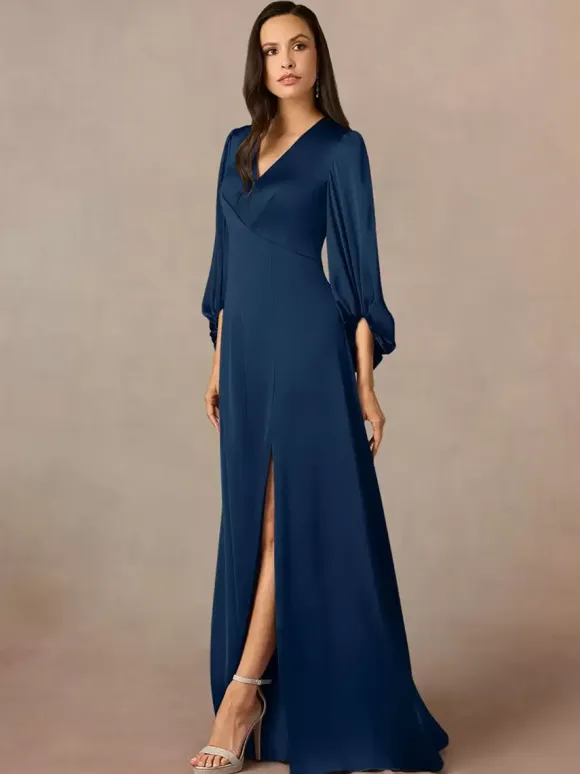 Mother Dress V-Neck 3/4 Length Sleeves A-Line Pleated Floor-Length Wedding Guest Dresses