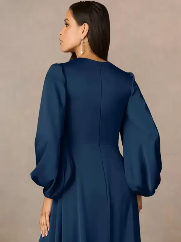 Mother Dress V-Neck 3/4 Length Sleeves A-Line Pleated Floor-Length Wedding Guest Dresses
